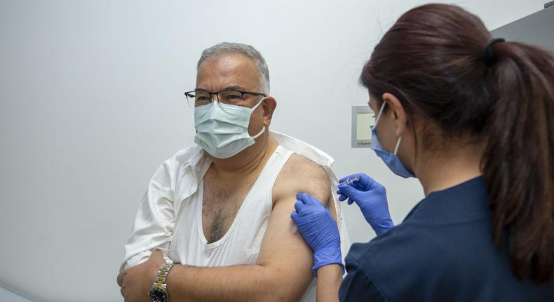 Dr. Mustafa Gerek participates in a coronavirus vaccine trial at Ankara City Hospital in Ankara, Turkey on October 13, 2020.