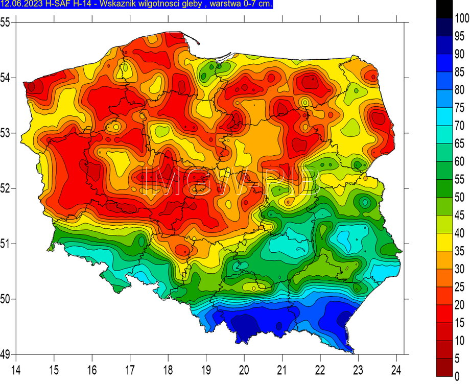Wskaźnik wilgotności gleby według IMGW. Obraz z 12 czerwca.