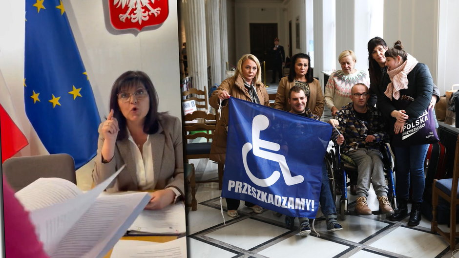 Posłanka PiS Urszula Rusecka (L) oraz osoby z niepełnosprawnościami i ich opiekunowie w Sejmie (P)