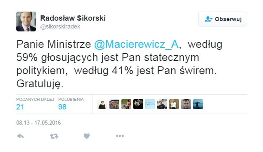 Sikorski przegrał z internautami. Poszło o Macierewicza