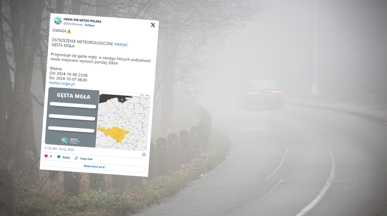 IMGW wydał ostrzeżenia meteorologiczne przed gęstą mgłą (screen: X/IMGW)