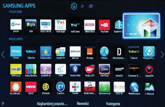 Aplikacje Smart TV: w zależności od producenta ich wybór jest różny. W każdym Smart TV znajdziemy jednak YouTube i polskie wideoteki
