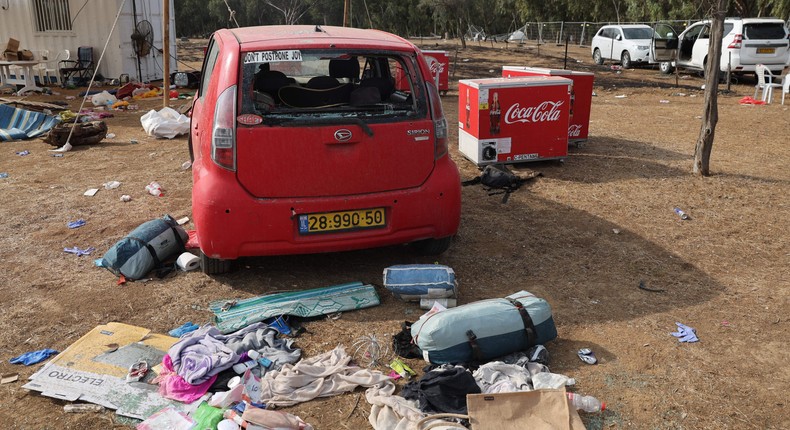 A picture taken on October 10, 2023 shows the abandoned site of the weekend attack of the Supernova desert music Festival by Palestinian militants near Kibbutz Reim in the Negev desert in southern Israel.Photo by JACK GUEZ/AFP via Getty Images