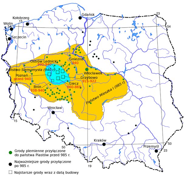 Najstarsze granice patrymonium Piastów (jasnoniebieskim kolorem) oraz domniemany obszar państwa Mieszka Pierwszego w początkach jego panowania. Mapa prezentuje ustalenia Zofii Kurnatowskiej i Michała Kary.