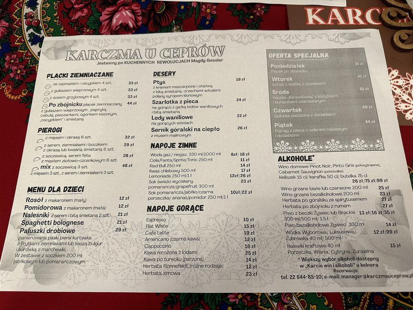 Menu w restauracji "Karczma u Ceprów"