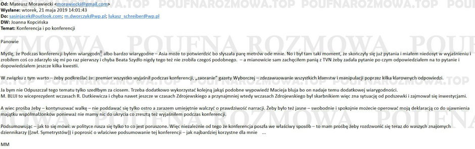E-mail Mateusza Morawieckiego do współpracowników z 21 maja 2019 r. ujawniony przez serwis Poufna Rozmowa