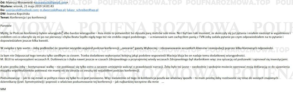 E-mail Mateusza Morawieckiego do współpracowników z 21 maja 2019 r. ujawniony przez serwis Poufna Rozmowa