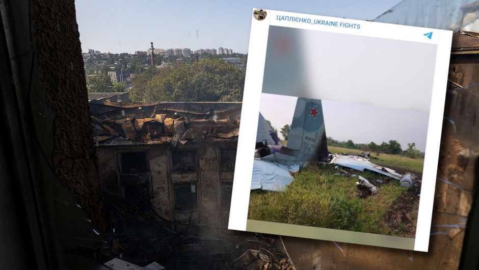 Zestrzelony rosyjski samolot. W tle zniszczenia w Charkowie