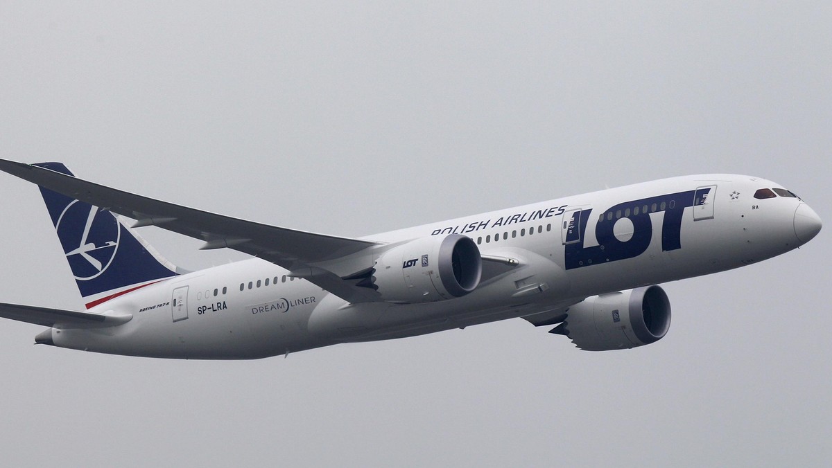 Boeing 787 Dreamliner purchased by Poland's LOT Airlines performs a low altitude flyover at the Chopin International Airport in Warsaw