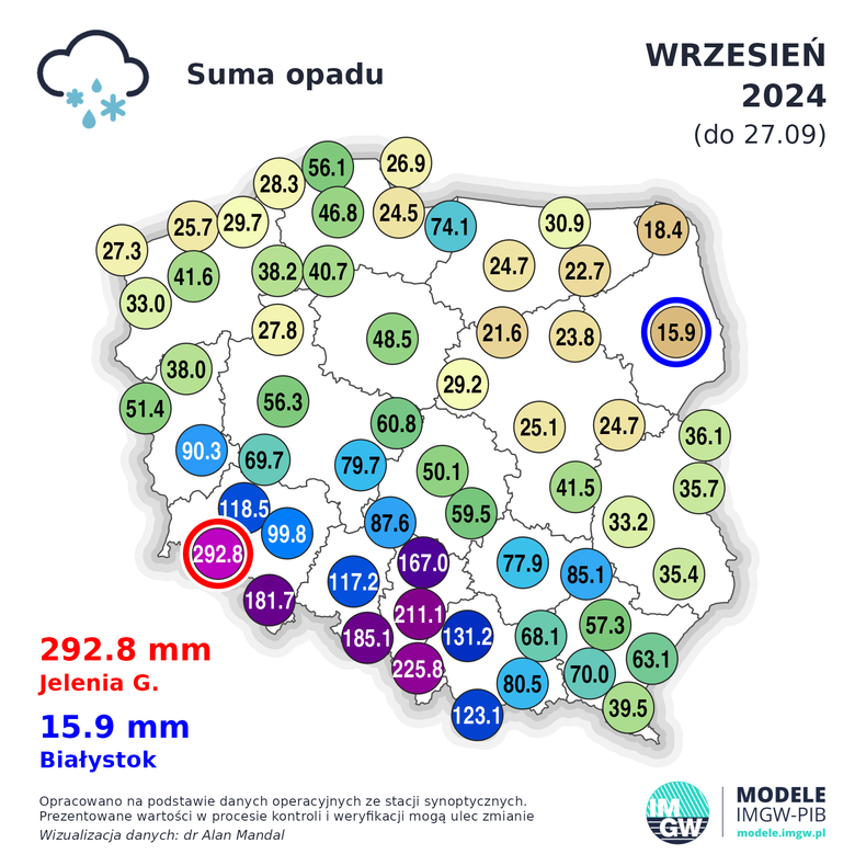 Skalę anomalii widać w rozkładzie sum opadów nad Polską