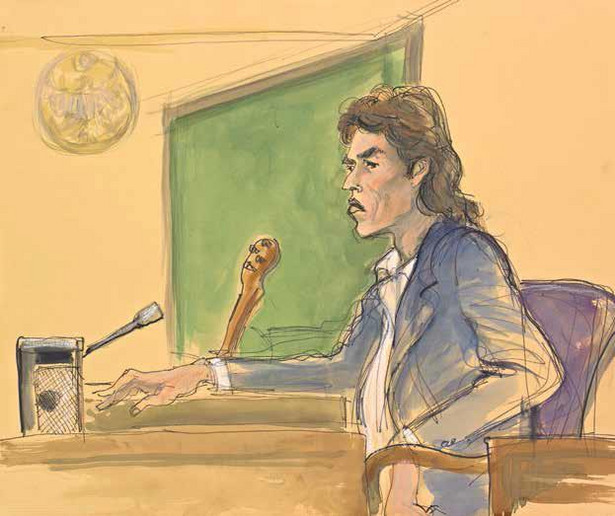 Mick Jagger przesłuchiwany w sprawie oskarżenia o plagiat, 1988./ rys. Elizabeth Williams
