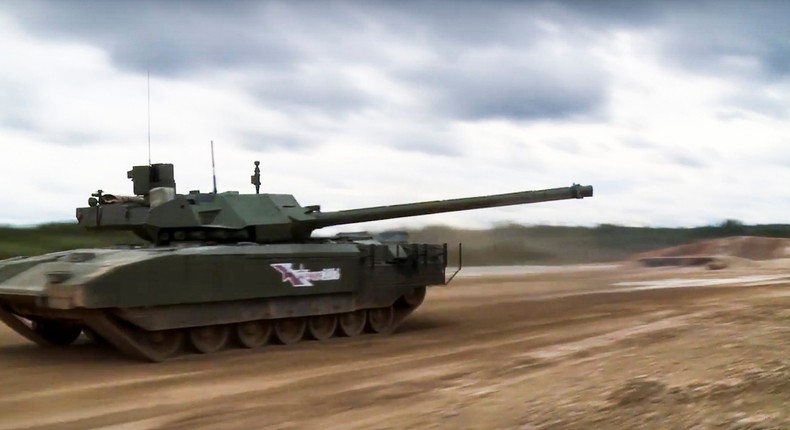 A Russian T-14 Armata tank moves across challenging terrain at the International military and technical forum ARMY-2016 in Alabino, outside Moscow, Russia.Russian Defence Ministry Press Service photo via AP