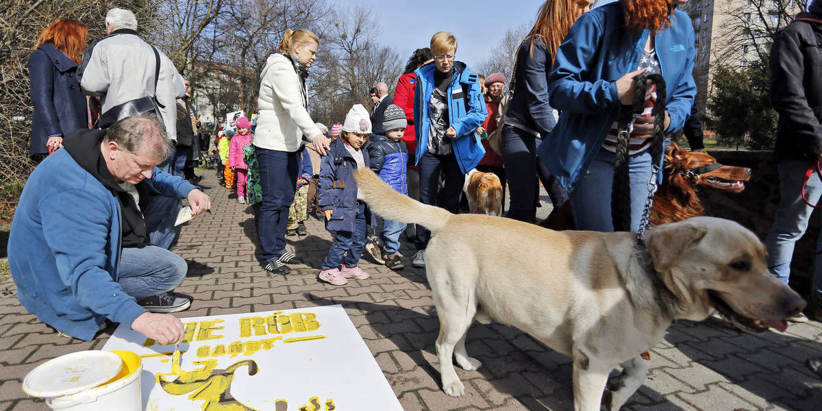 Żółty znak chorzowskiej akcji sprzątania po psach