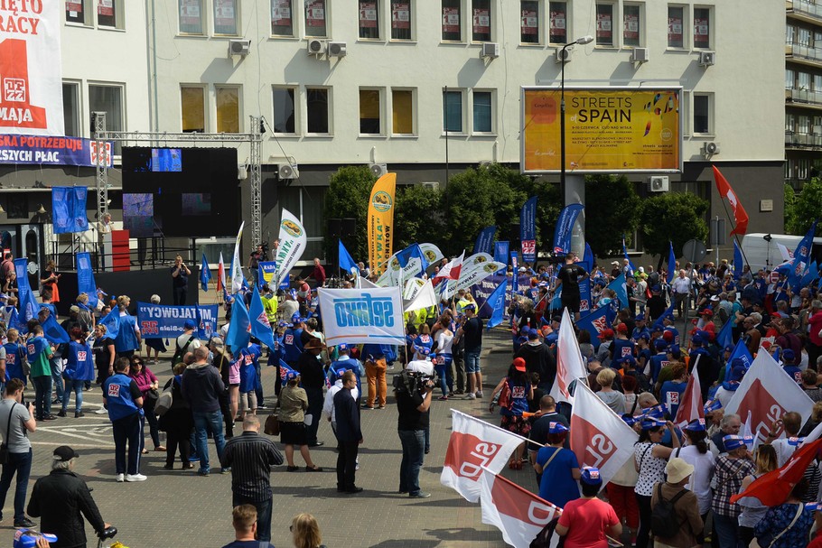 Manifestacja związkowców w Warszawie 1 maja 2018 roku.