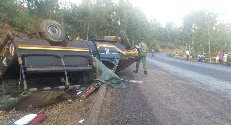 Scene of the accident where 1 prisoner died after Embu Prison vehicle rolled off the road near Thuci River. 8 inmates and 7 warders seriously injured