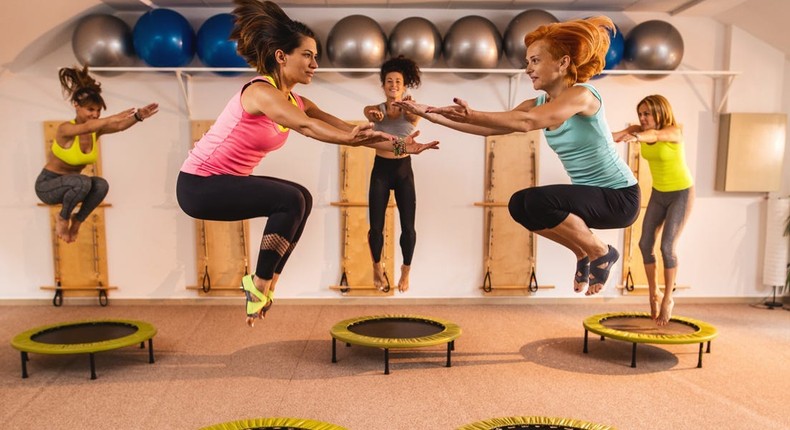 Using a trampoline to exercise can be a great way to improve balance, build strength, and increase your cardiorespiratory fitness.Getty/skynesher