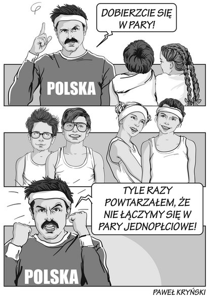 Rysunek Pawła Kryńskiego z książki "Meneliki nowe, czyli wina Tuska i logika białoruska" Krzysztofa Daukszewicza