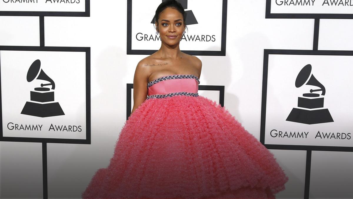 Singer Rihanna arrives at the 57th annual Grammy Awards in Los Angeles