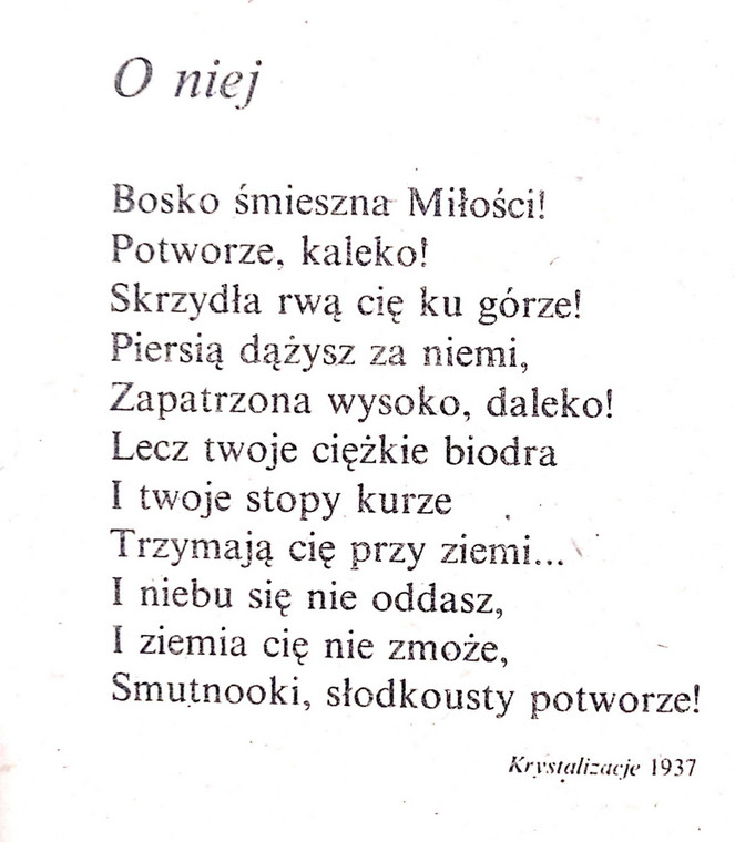 Wiersz Marii Pawlikowskiej-Jasnorzewskiej "O niej". Skan z tomu "Poezja naszego wieku" (Warszawa 1989)