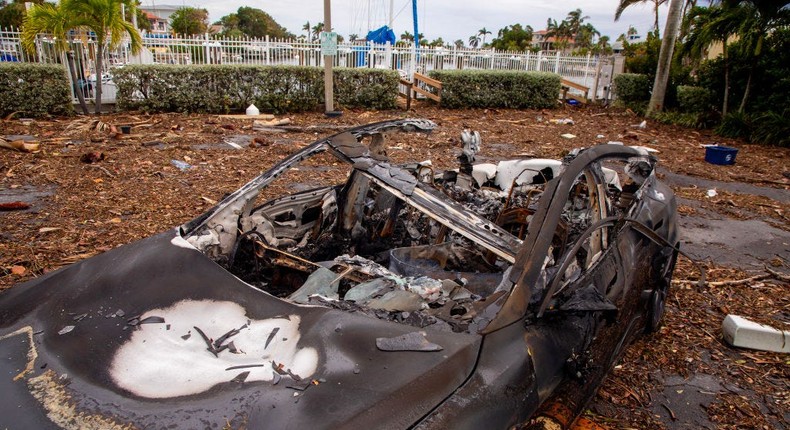 A Tesla that caught fire during Hurricane Helene in St. Pete Beach, Florida, on September 28, 2024.Ted Richardson/The Washington Post