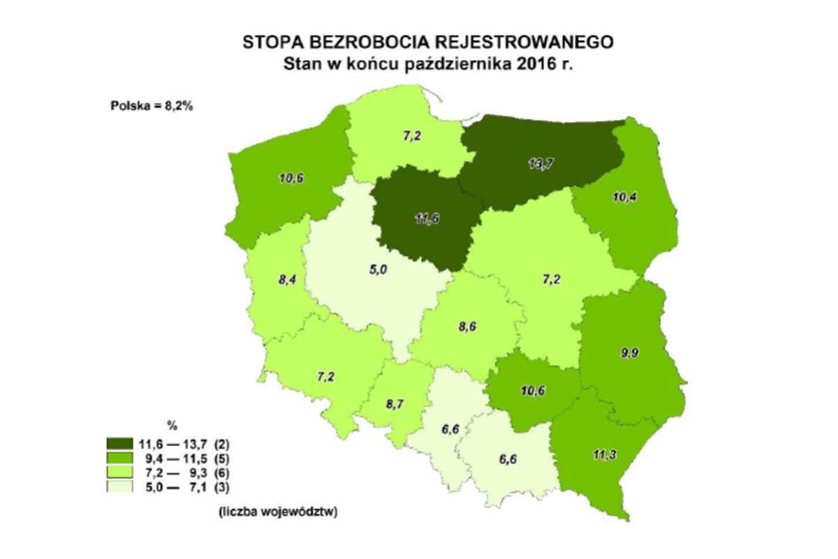 Stopa bezrobocia w październiku 2016 - województwa , źródło: GUS