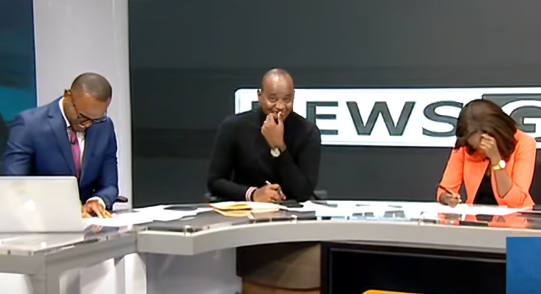 Top Stories Tamfitronics Sam Gituku, Linus Kaikai and Yvonne Okwara during News Gang show