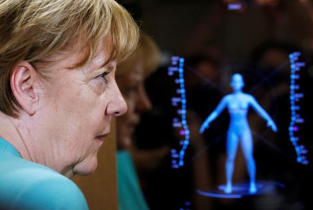 German Chancellor Angela Merkel visits start up company iCarbonX in Shenzhen