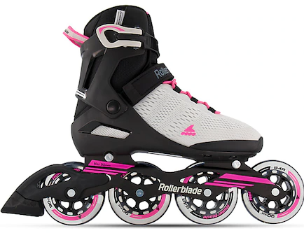 Même modèle, autre couleur: patins en ligne haute performance «Sirio 90» spécialement conçus pour les femmes, avec finitions roses. Rollerblade, CHF 199.90 chez Galaxus. 