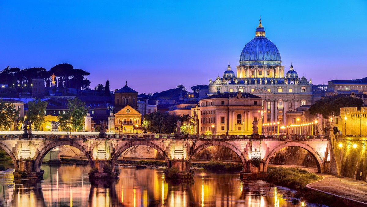 View across Tiber River towards St. Peter's Basilica in Rome, Latium, Italy