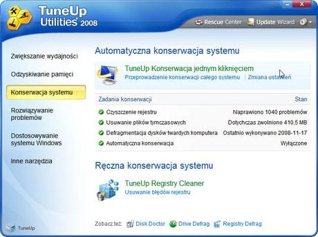 TuneUp Utilities – narzędzia z grupy Konserwacja systemu