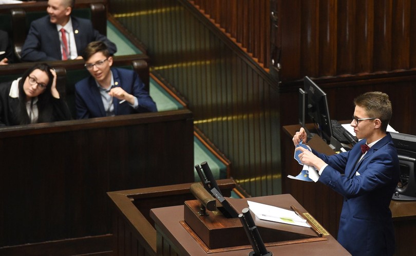 Młody poseł Michał Cywiński drze kartkę z flagą Unii Europejskiej podczas XXIII sesji Sejmu Dzieci i Młodzieży