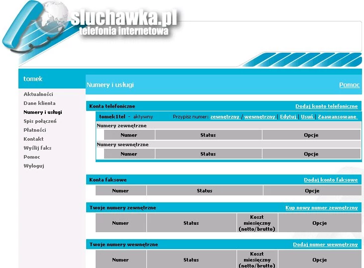 Panel administracyjny - Numery i usługi