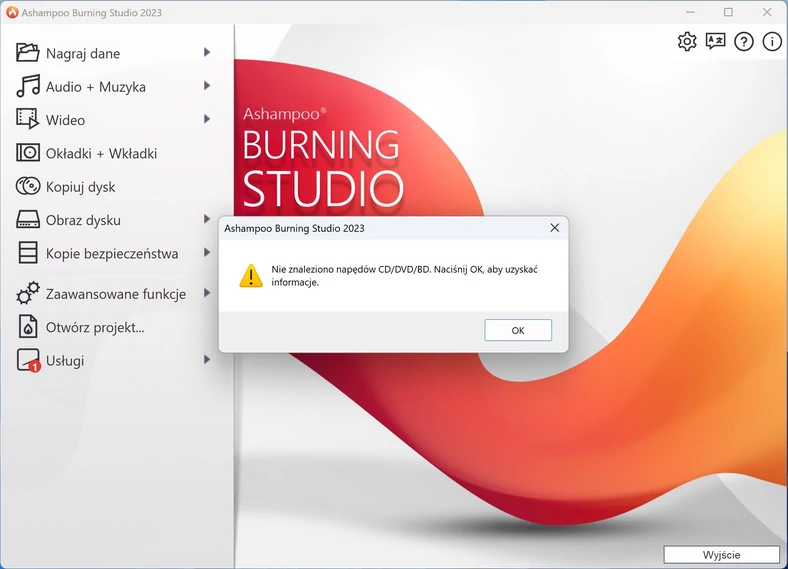 Jeśli masz komputer bez napędu optycznego CD/DVD, podczas uruchomienia programów, takich jak Ashampoo Burning Studio 2023, będę pokazywać się komunikaty
