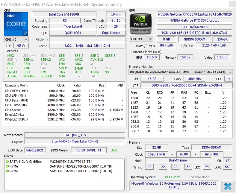 Acer Predator Helios 300 (PH315-54) – HWiNFO64 – podstawowa specyfikacja laptopa
