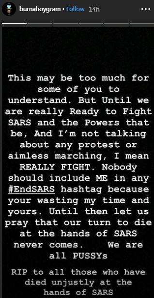 Find out why Burna Boy says he is not joining the #EndSARS campaign [Instagram/BurnaBoyGram] 
