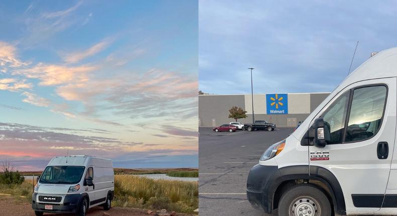 Side-by-side images of the author's van at a campground and at a Walmart parking lot.Monica Humphries/Business Insider