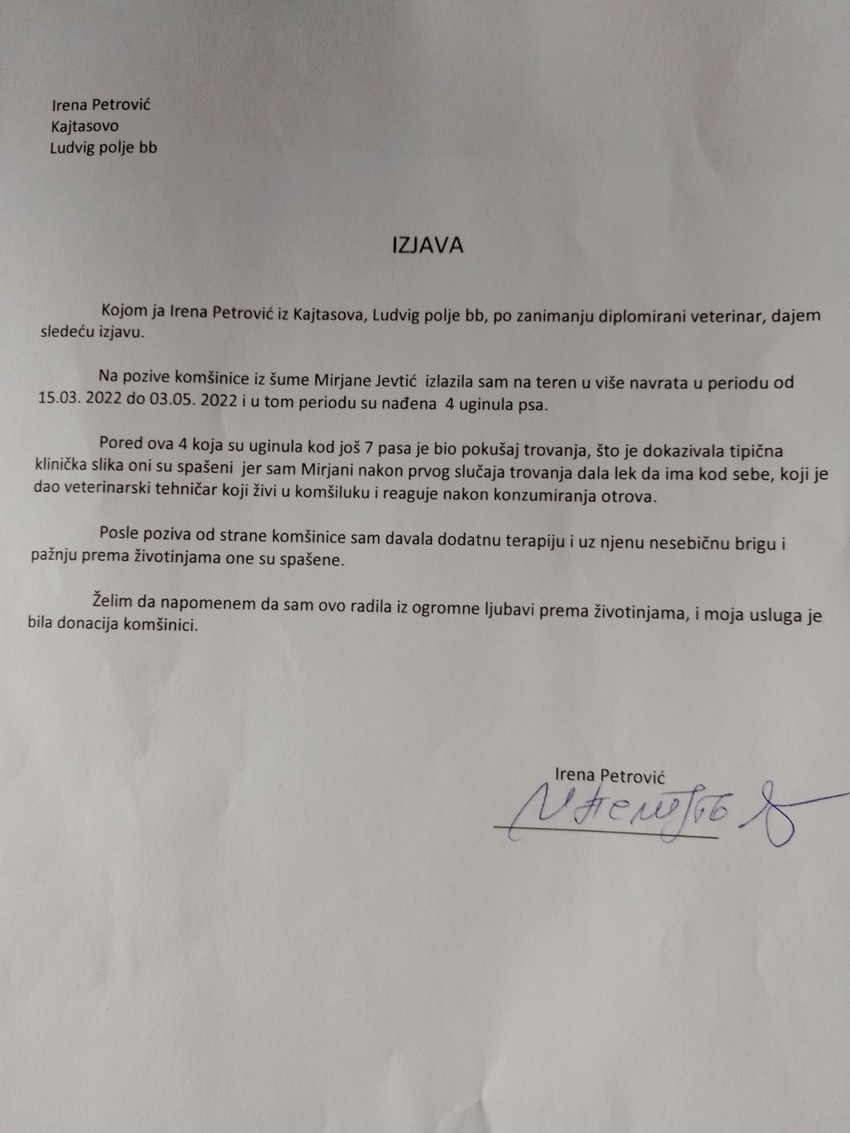 Potvrda veterinarke o trovanjima