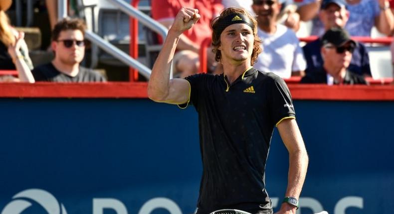 Alexander Zverev of Germany reacts after scoring a point against Roger Federer of Switzerland during day ten of the Rogers Cup presented by National Bank at Uniprix Stadium on August 13, 2017 in Montreal, Quebec, Canada