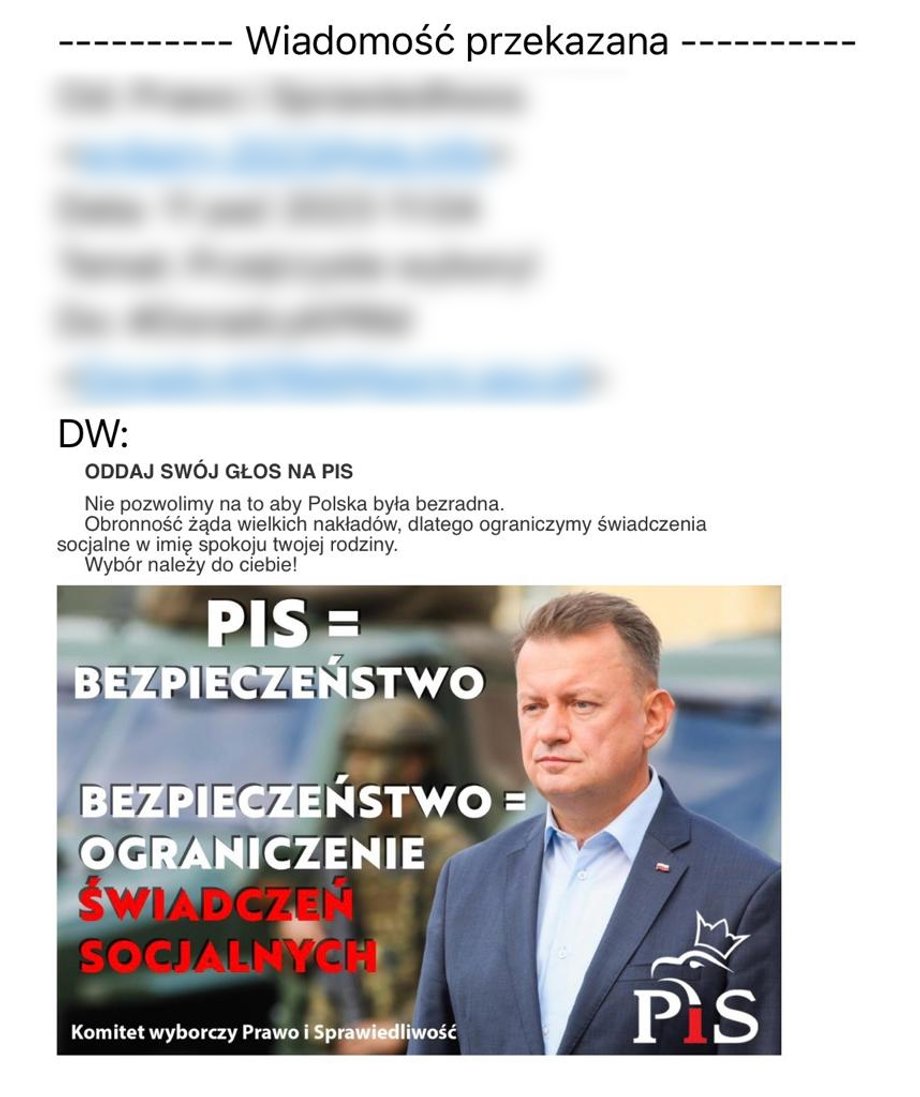 Treść e-maila z fałszywą informacją o programie PiS.