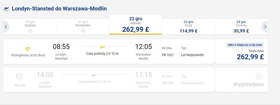 Bilety z Londynu-Stansted do Warszawy Modlina w systemie Ryanair. Dane z godz. 15.20