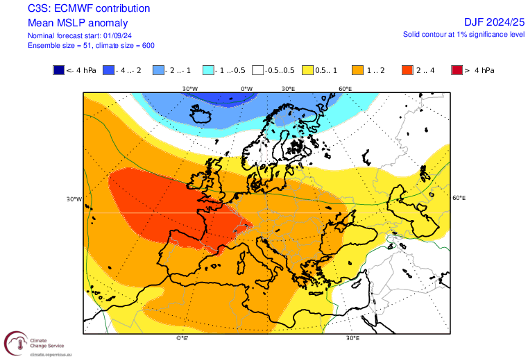 Prognozowana anomalia ciśnienia atmosferycznego w Europie od grudnia do lutego