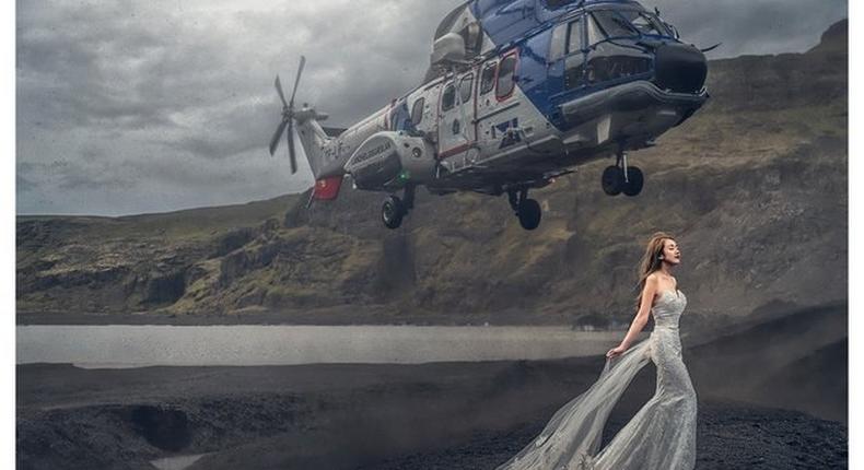 A helicopter photobombed a bridal photo shoot [PHOTO]