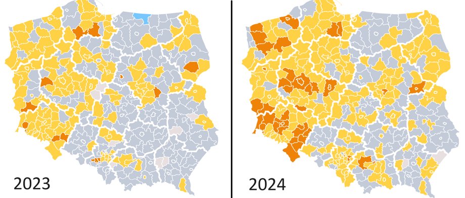 Tak zmieniło się zapotrzebowanie na pracowników służb mundurowych w Polsce. Kolor żółty - deficyt, pomarańczowy - duży deficyt, szary - równowaga, niebieski - nadwyżka.