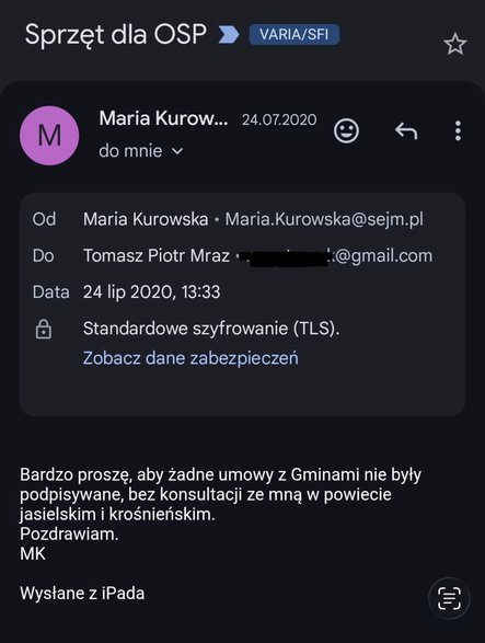 Screen e-maila Marii Kurowskiej do Tomasza Mraza