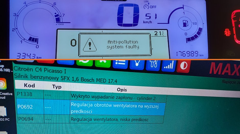 Zapaleniu się kontrolki silnika w niektórych autach towarzyszą inne komunikaty, np. jak tu – o usterce układu oczyszczania spalin. Komputer identyfikuje problem jako wypadanie zapłonu. Informacja o wentylatorze jest w tym przypadku nieistotna.