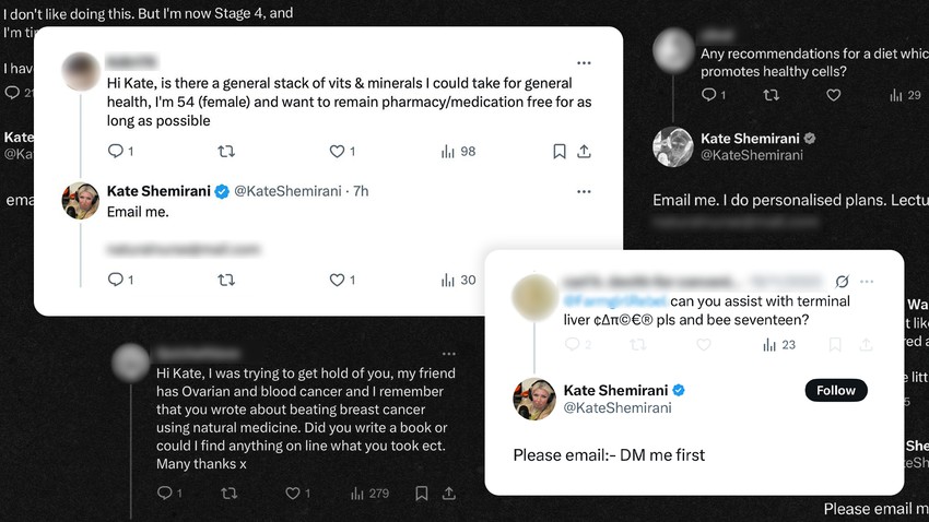Skrin šot razmene poruka. „Zdravo, Kejt, da li postoji neka opšta grupa vitamina i minerala koje mogu da uzimam za opšte zdravlje, imam 54 godine (žensko), i želim da ne uzimam farmakološke proizvode/lekove koliko god dugo mogu."„Piši mi."„Zdravo, Kejt, pokušala sam da stupim u kontakt s tobom, moja prijateljica ima rak jajnika i rak krvi, i sećam se da si pisala kako si pobedila rak dojke uz pomoć prirodnih lekova. Da li si napisala knjigu ili mogu da nađem na internetu šta si uzimala? Puno hvala."„Da li možeš da pomogneš sa terminalnom cirozom jetre?"„Piši mi – prvo u DM."„Imaš li neku preporuku za ishranu koja promoviše zdrave ćelije?"„Piši mi mejl. Radim personalizovane preporuke." | Foto: BBC