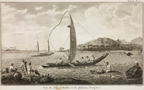 „Pirogi u brzegów Tahiti, rycina, z pracy Johna Hawkeswortha, 1774 r