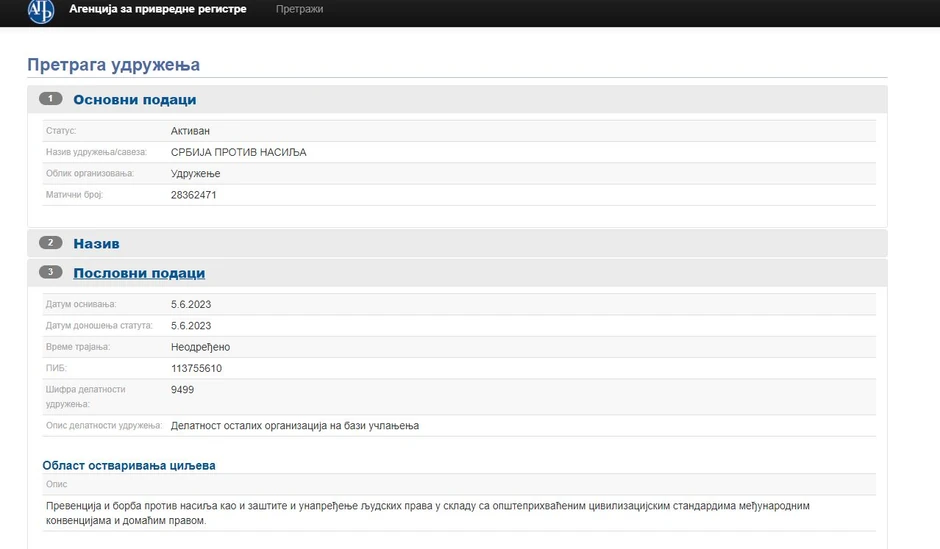 Udruženje "Srbija protiv nasilja" registrovano je u APR-u