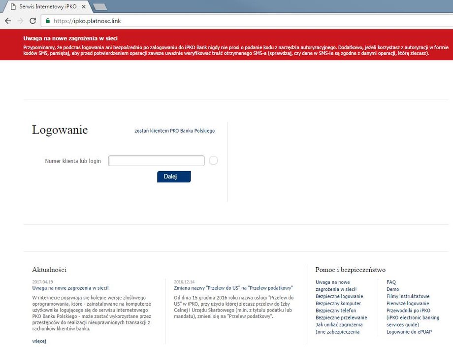 Fałszywa strona serwisu internetowego banku (PKO BP przypomina, by sprawdzać adres strony internetowej - w tym przypadku różni się od oryginału)