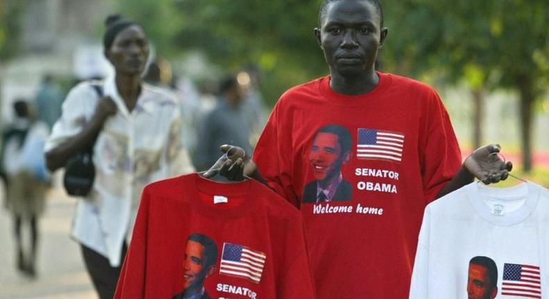 A vendor in Kisumu, Kenya, sells tee-shirts bearing the photo of then US senator Barack Obama